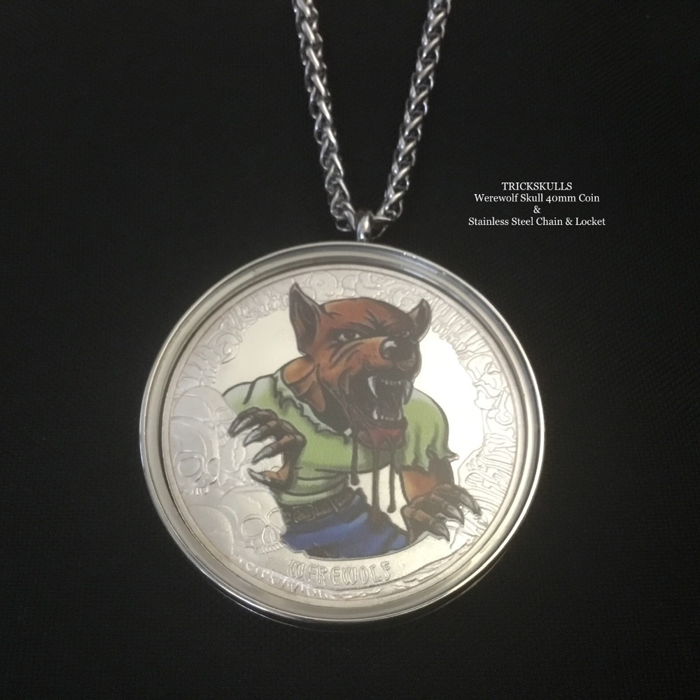 Werewolf Wolfman Enamel Halloween Coin Stainless Locket Custom Wheat Link Chain